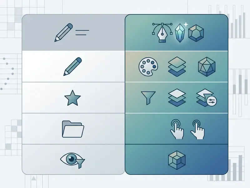 Comparison matrix displaying design tools and creative feature icons arranged in a grid layout