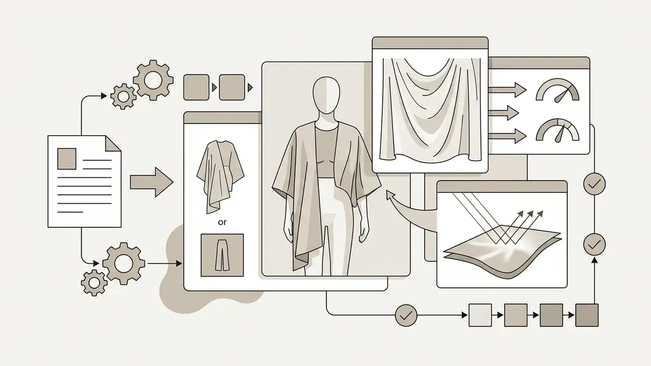 Document inputs processed through gears into 3D garment models with fabric physics and light reflections