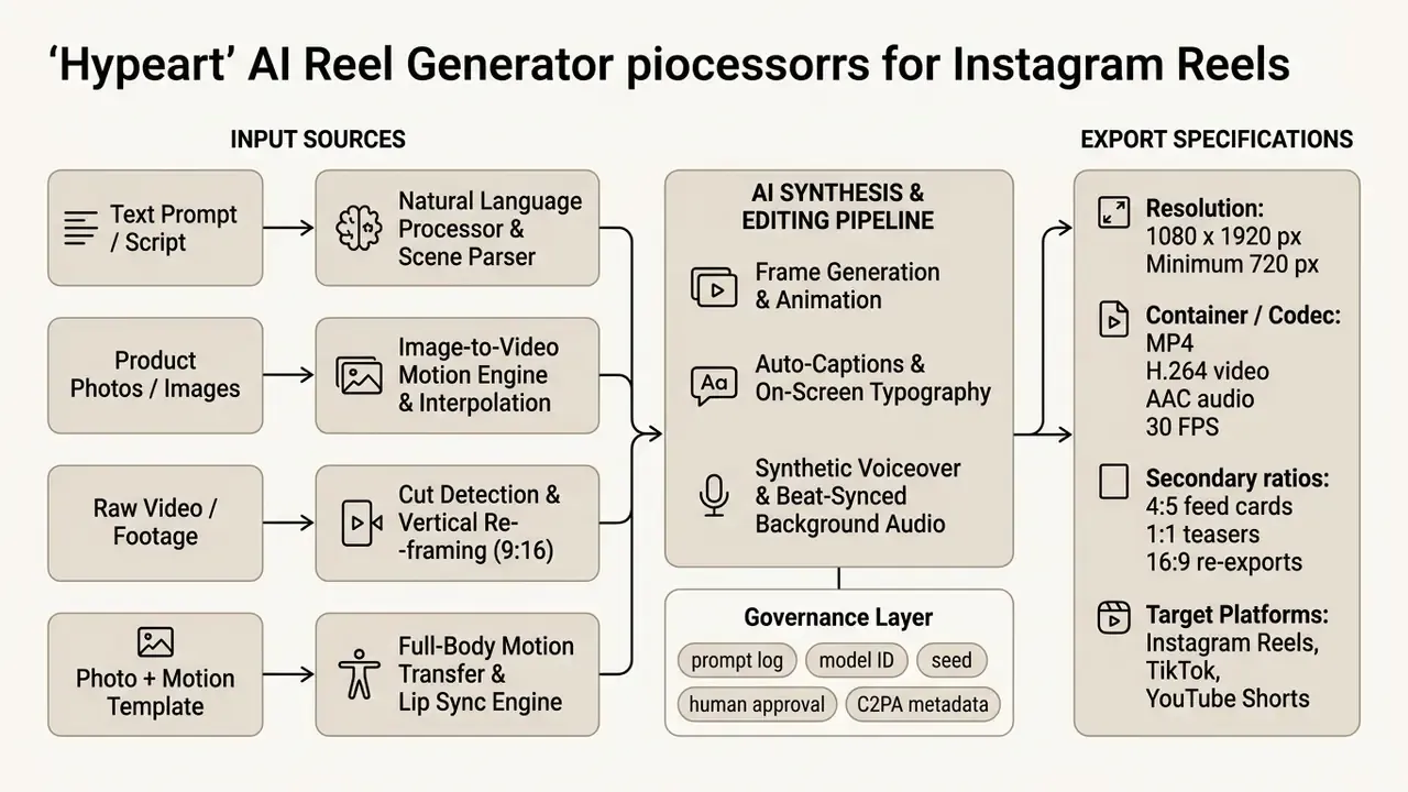 Flowchart detailing the input sources, synthesis pipeline, and export specifications for an AI reel generator