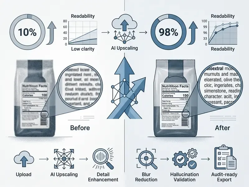 Infographic showing product label clarity improvement from low to high readability after AI upscaling