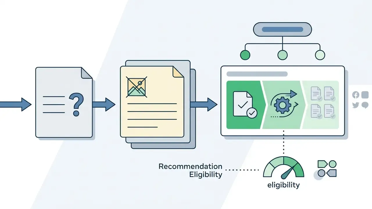 Processing steps for content evaluation showing file analysis, watermark detection, and eligibility scoring