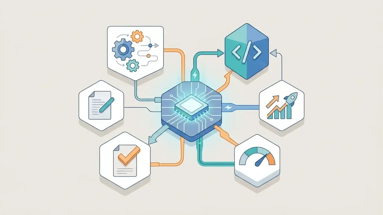Microchip connected to icons representing coding, performance metrics, and documentation processes