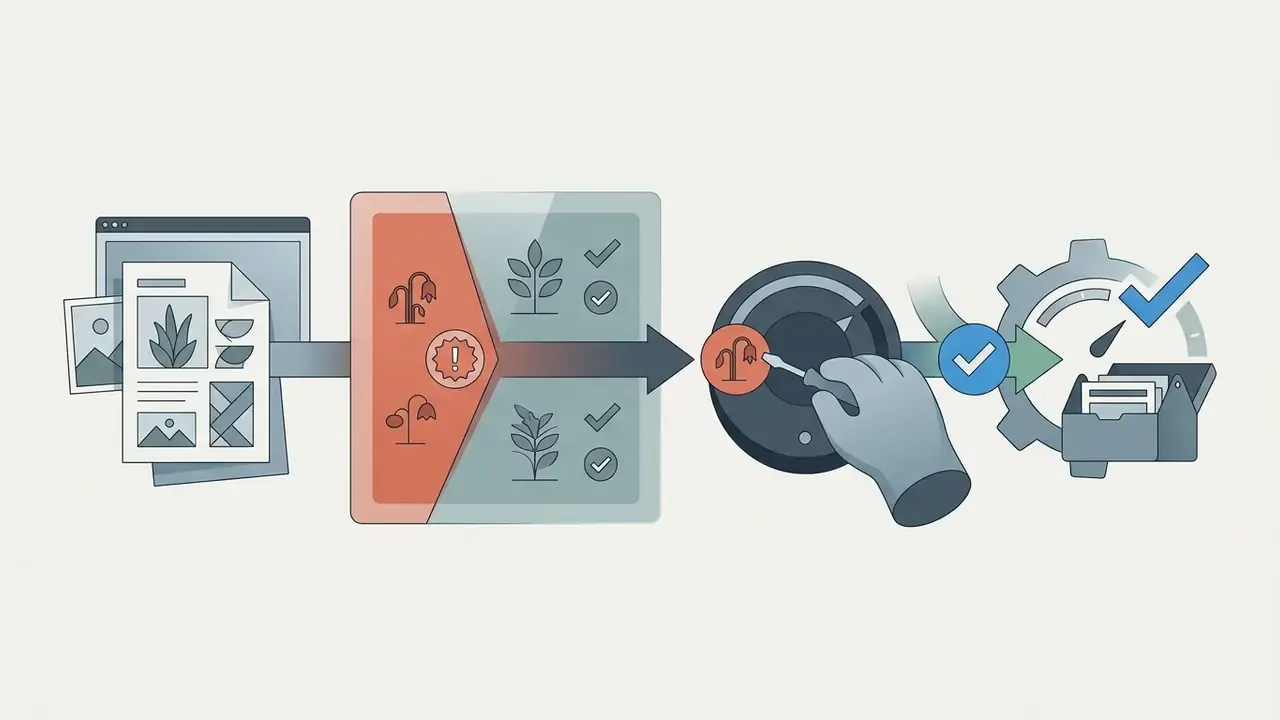 Process flow showing a hand adjusting AI plant selections to filter out unsuitable species for a project