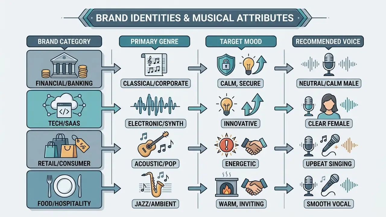 Table mapping brand categories to musical genres, target moods, and recommended vocal styles