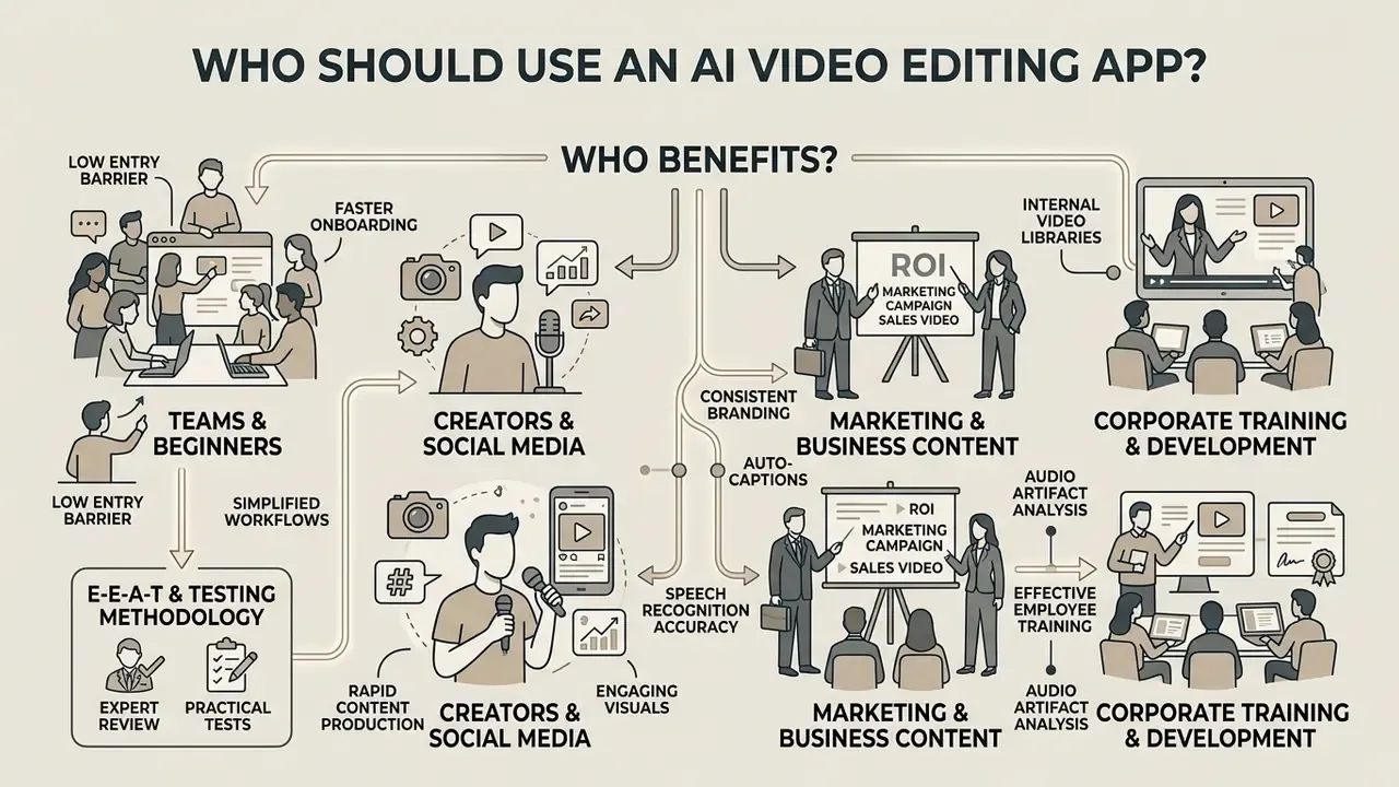 Diagram showing diverse professional groups and benefits of automated media production tools
