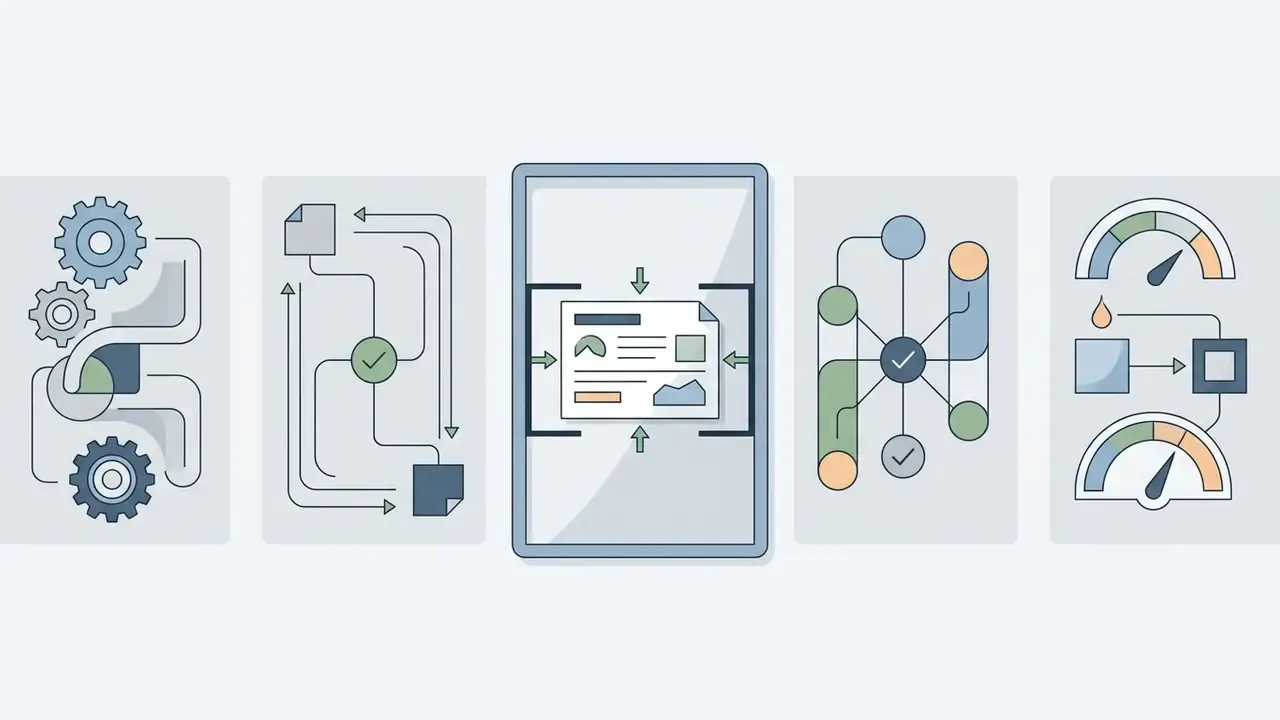 Five panels showing gears, data paths, a document being scaled, network nodes, and performance gauges