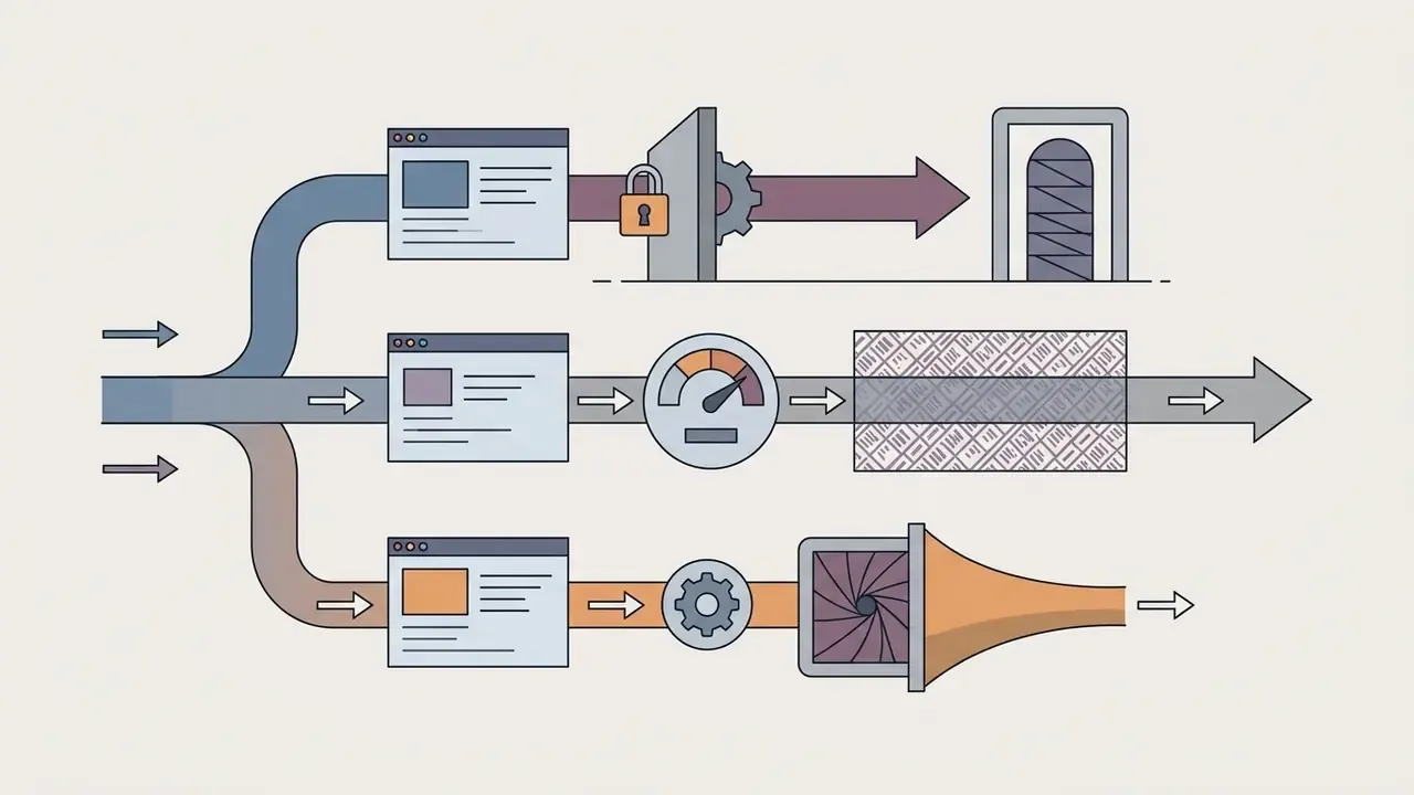 Flowchart showing three processing paths for video files with gates for locks, speed, and compression