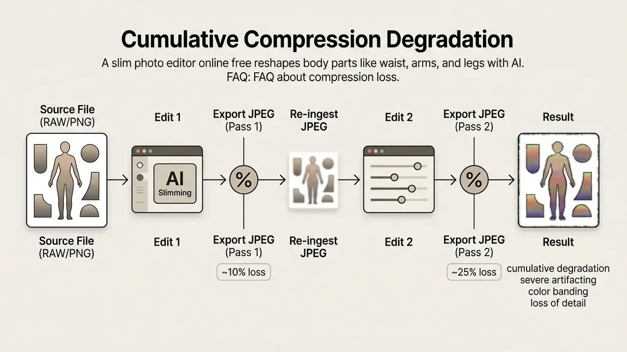 Sequence showing how repeated JPEG exports and re-ingesting files cause cumulative image degradation