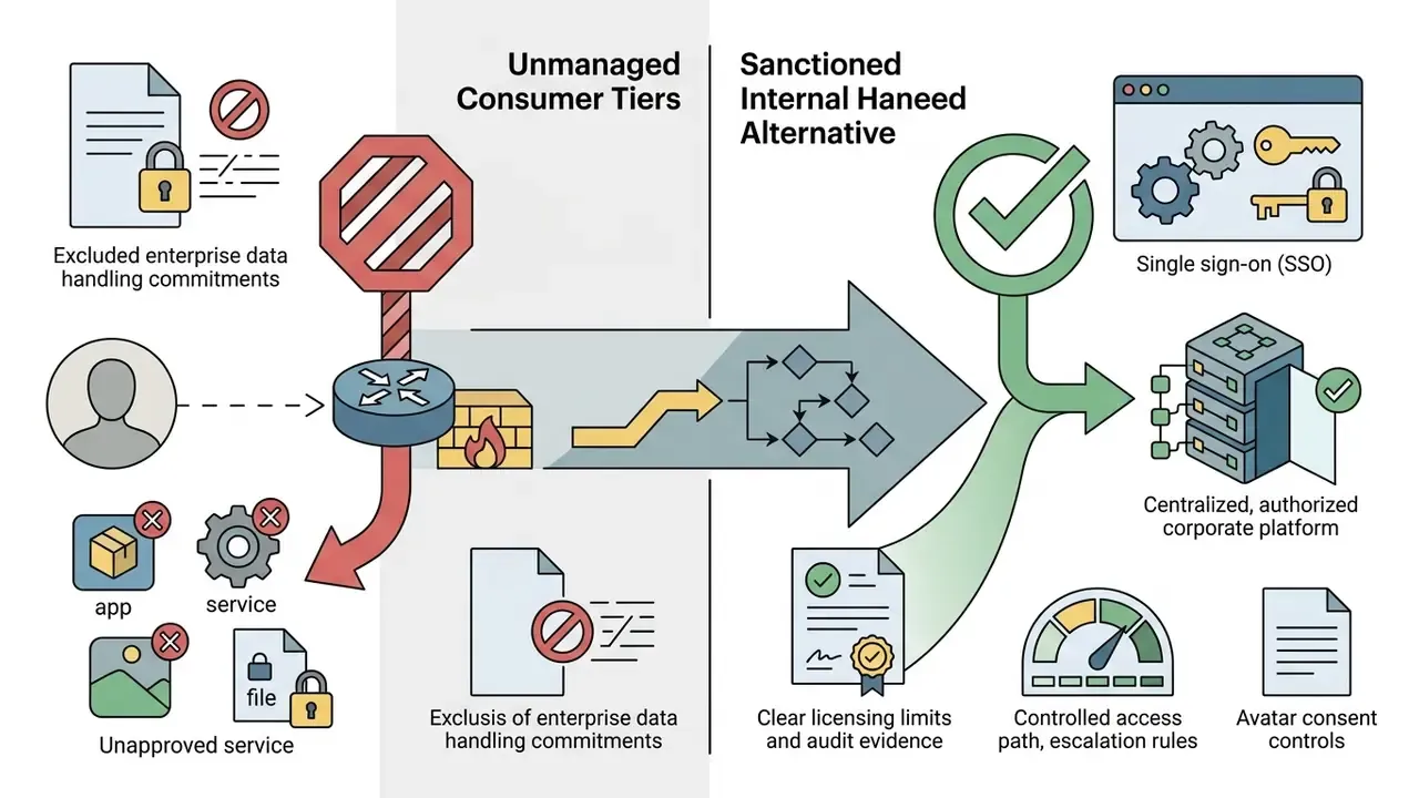 Network gateway blocking unmanaged consumer services and routing traffic to authorized corporate platforms