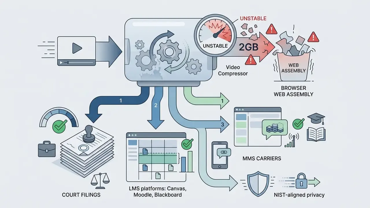 Processing engine showing file size limits for court filings, LMS platforms, MMS carriers, and web pipelines