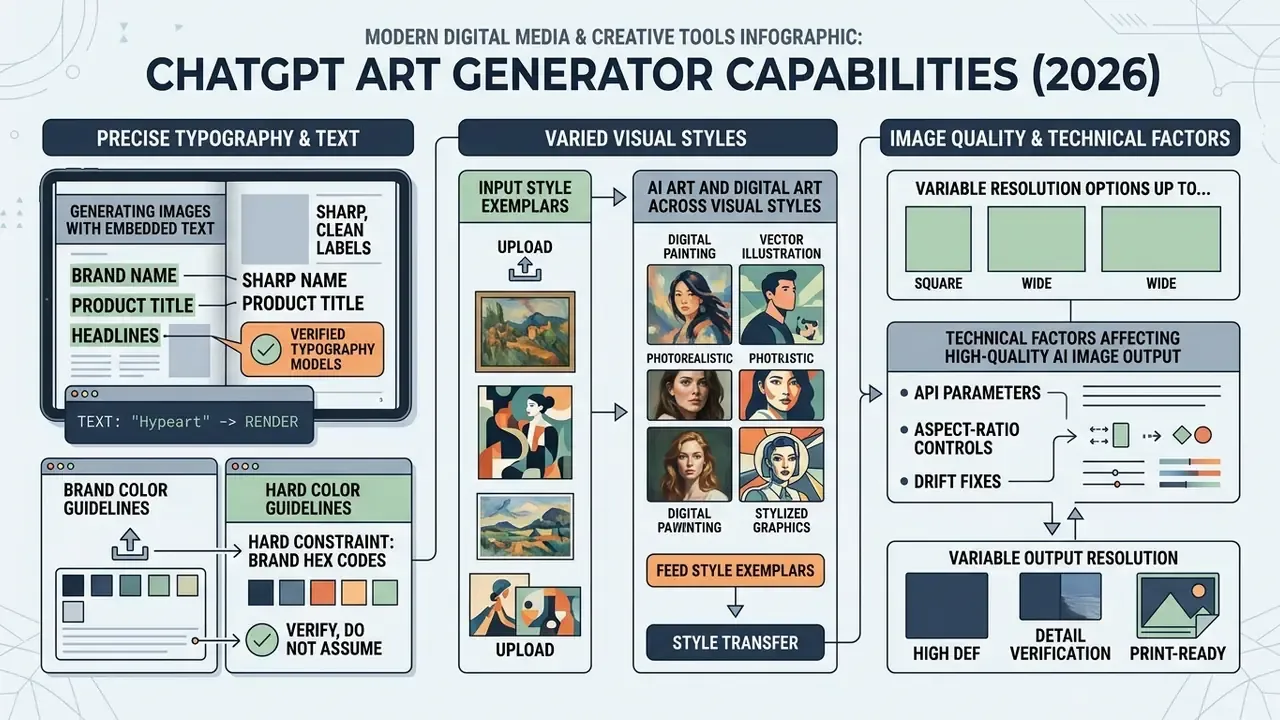 Diagram detailing ChatGPT art generator features including typography, style transfer, and resolution settings