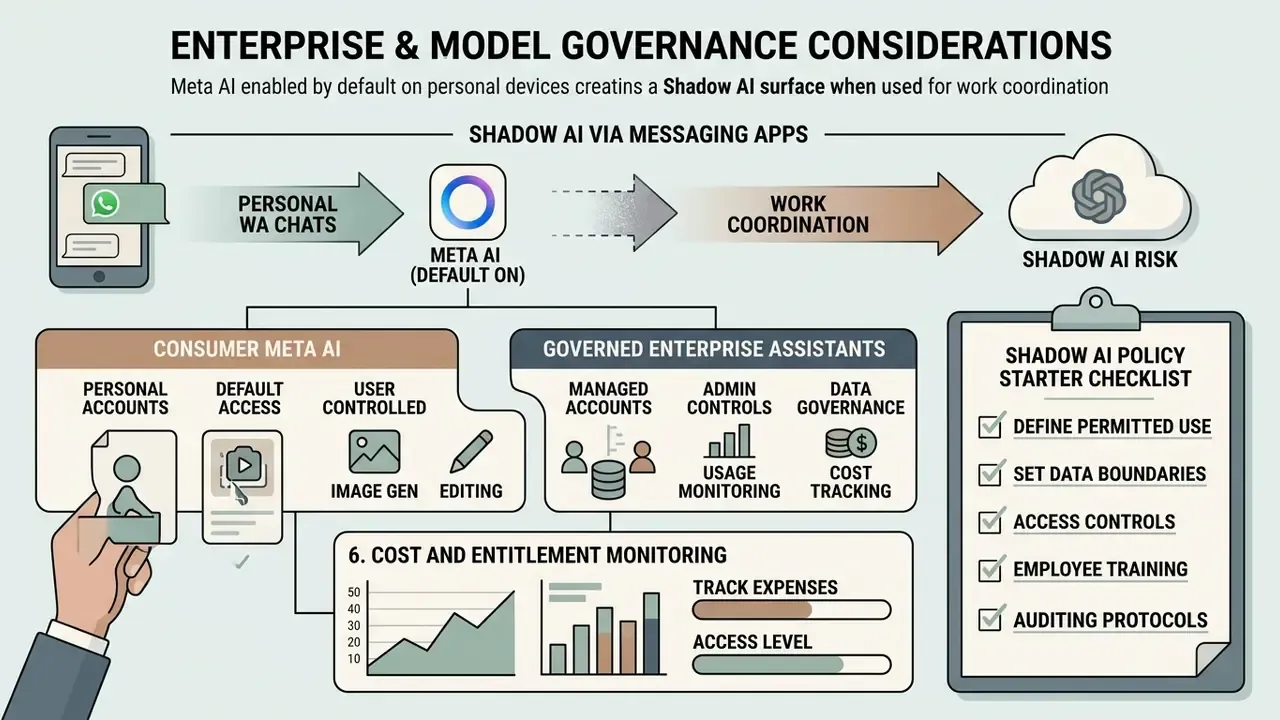 Flowchart comparing consumer Meta AI risks with governed enterprise assistants and a policy checklist