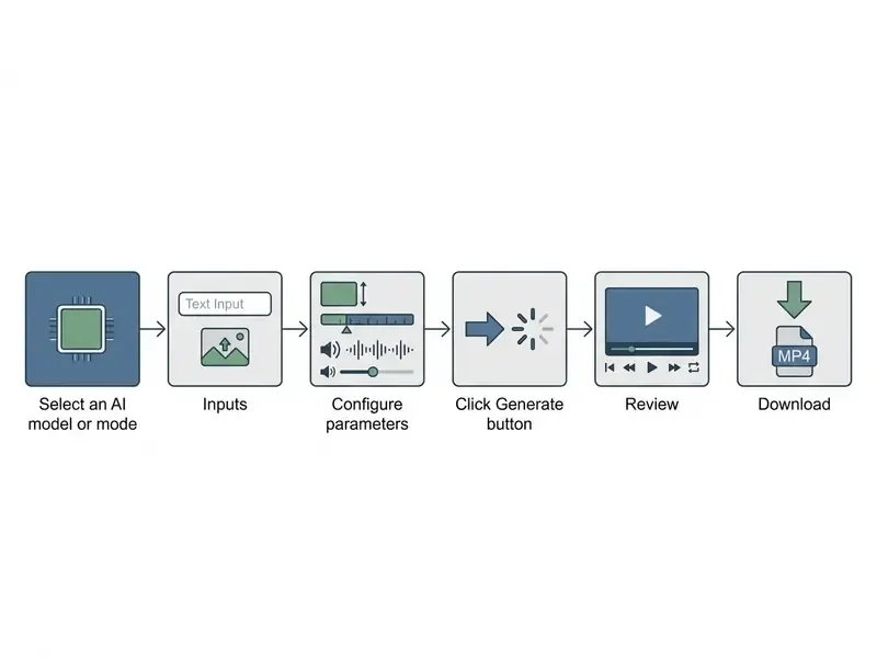 Six sequential steps for creating videos in PixVerse AI ranging from model selection to final MP4 download