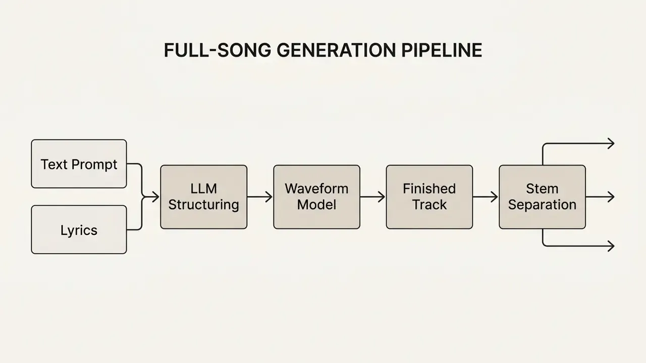 Flowchart showing the sequence from text prompts and lyrics through AI models to a finished music track