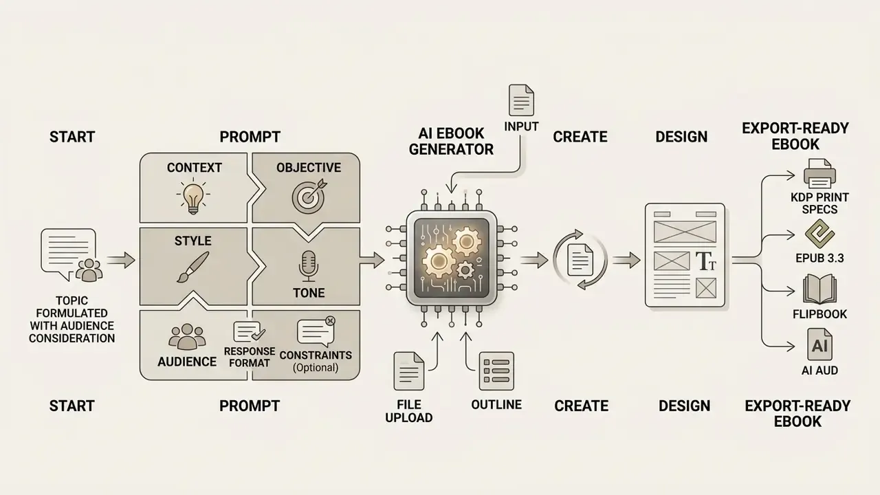 Workflow diagram showing prompt setup, file inputs, and processing steps for an AI ebook generator