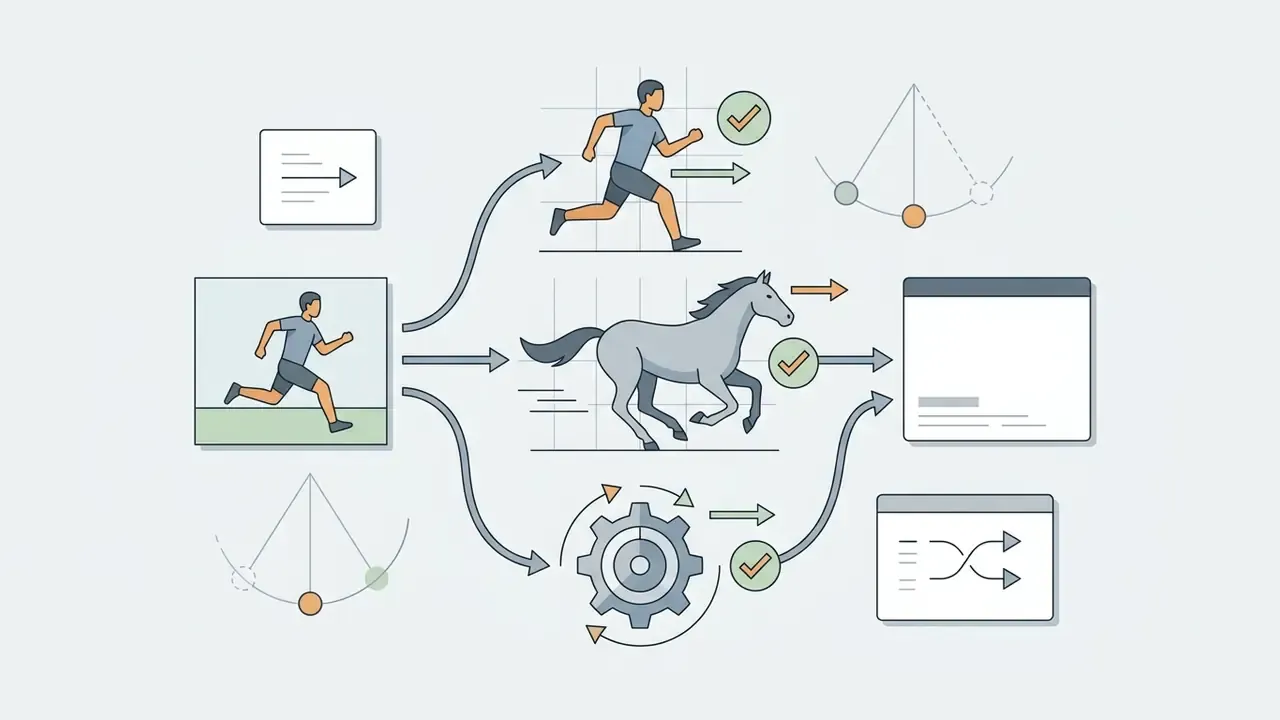 Flowchart showing a static image being processed into animated human, animal, and mechanical movements