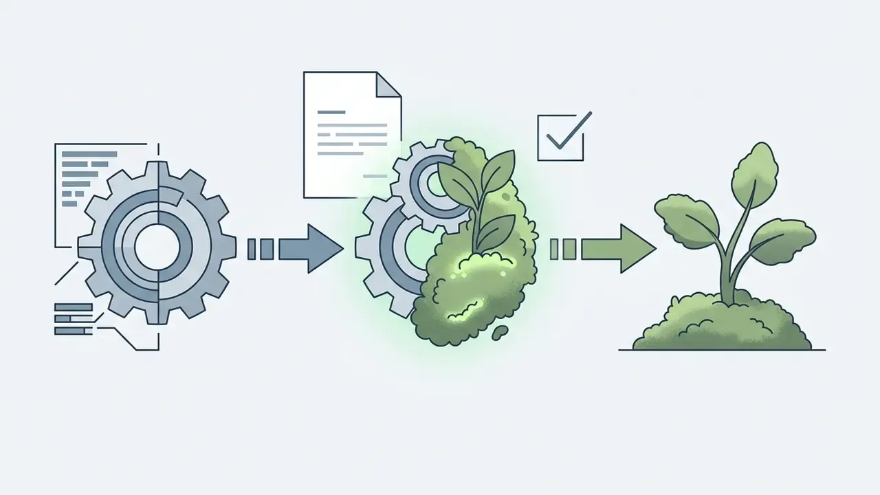 Mechanical gears transforming digital documents into a growing plant through a series of logical steps