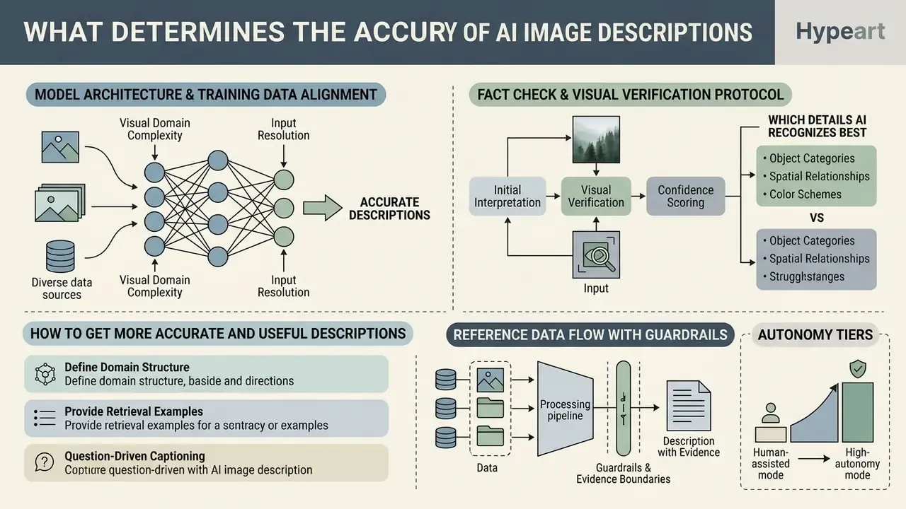Infographic detailing factors like model architecture and verification protocols that influence AI image description accuracy