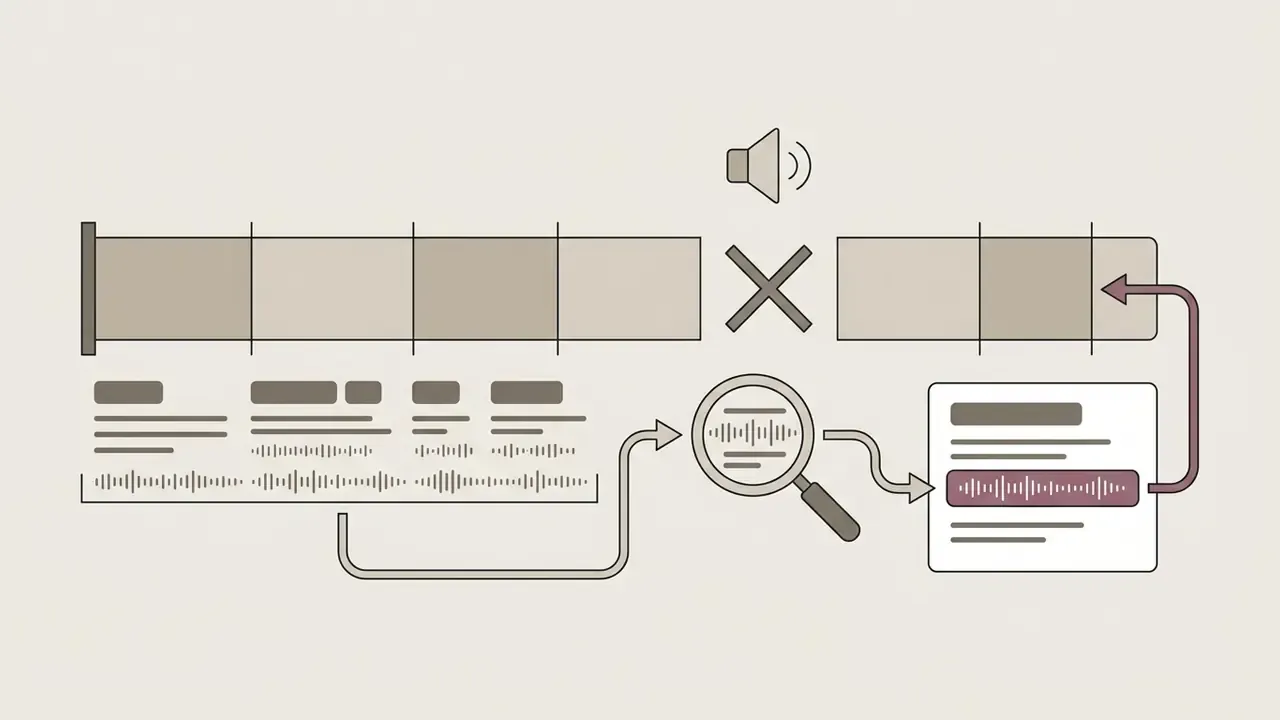 Magnifying glass scanning audio waveforms to extract specific spoken words for video timeline placement