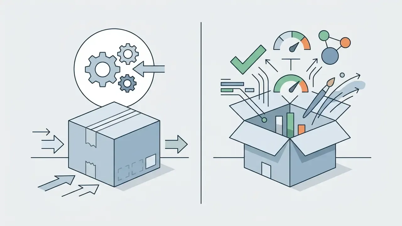 Split view showing a sealed box undergoing processing and an open box filled with data and creative tools