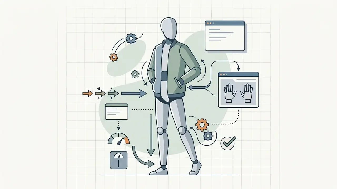 Mannequin figure with hands in pockets surrounded by data windows and gear icons on a grid background