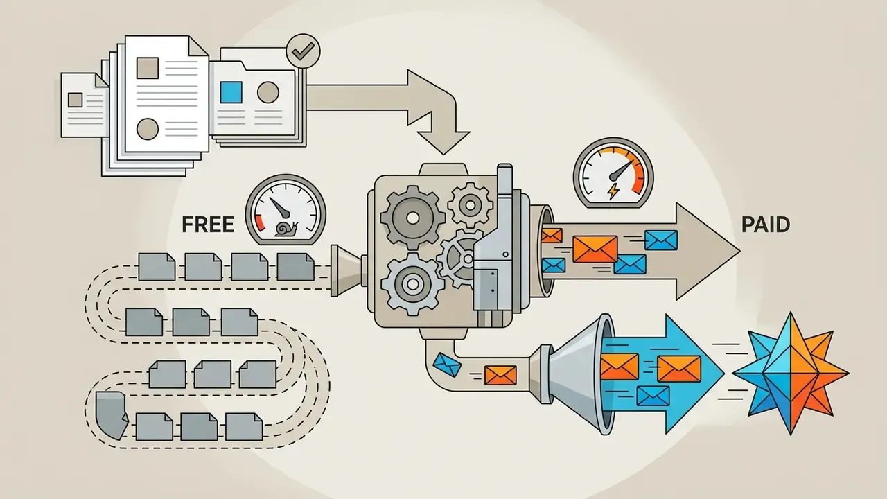Documents feeding into a gear mechanism that processes slow and fast queues for image generation