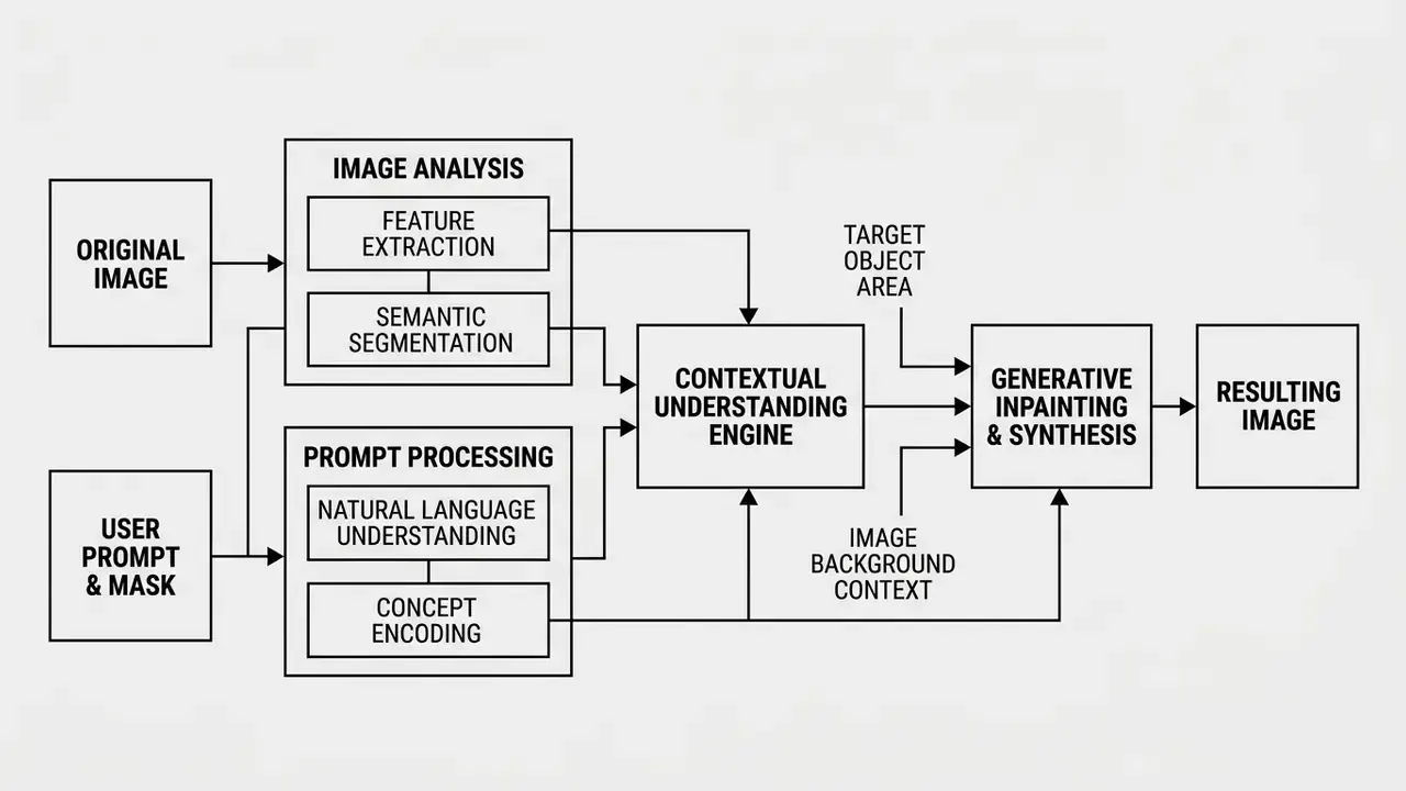 Diagram showing the technical workflow of an AI image replacer from input analysis to final synthesis