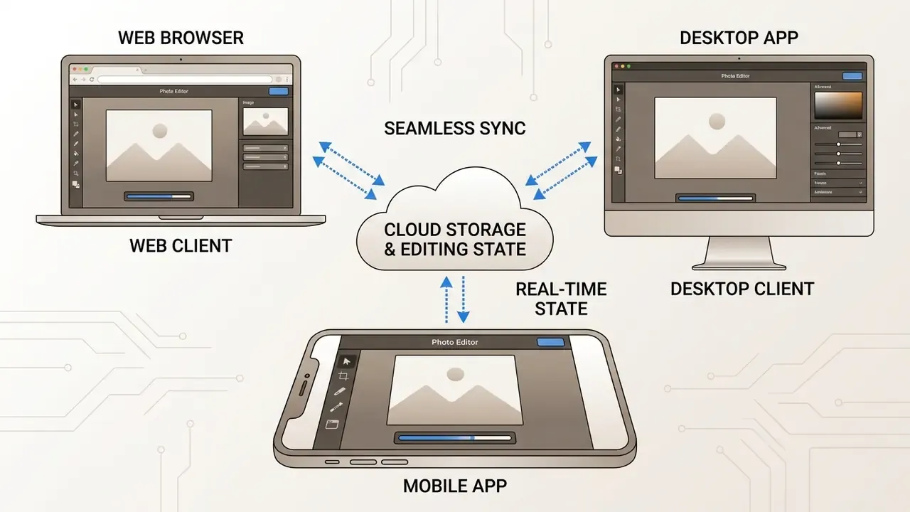Diagram showing Fotor cloud synchronization between web browser, desktop app, and mobile app clients
