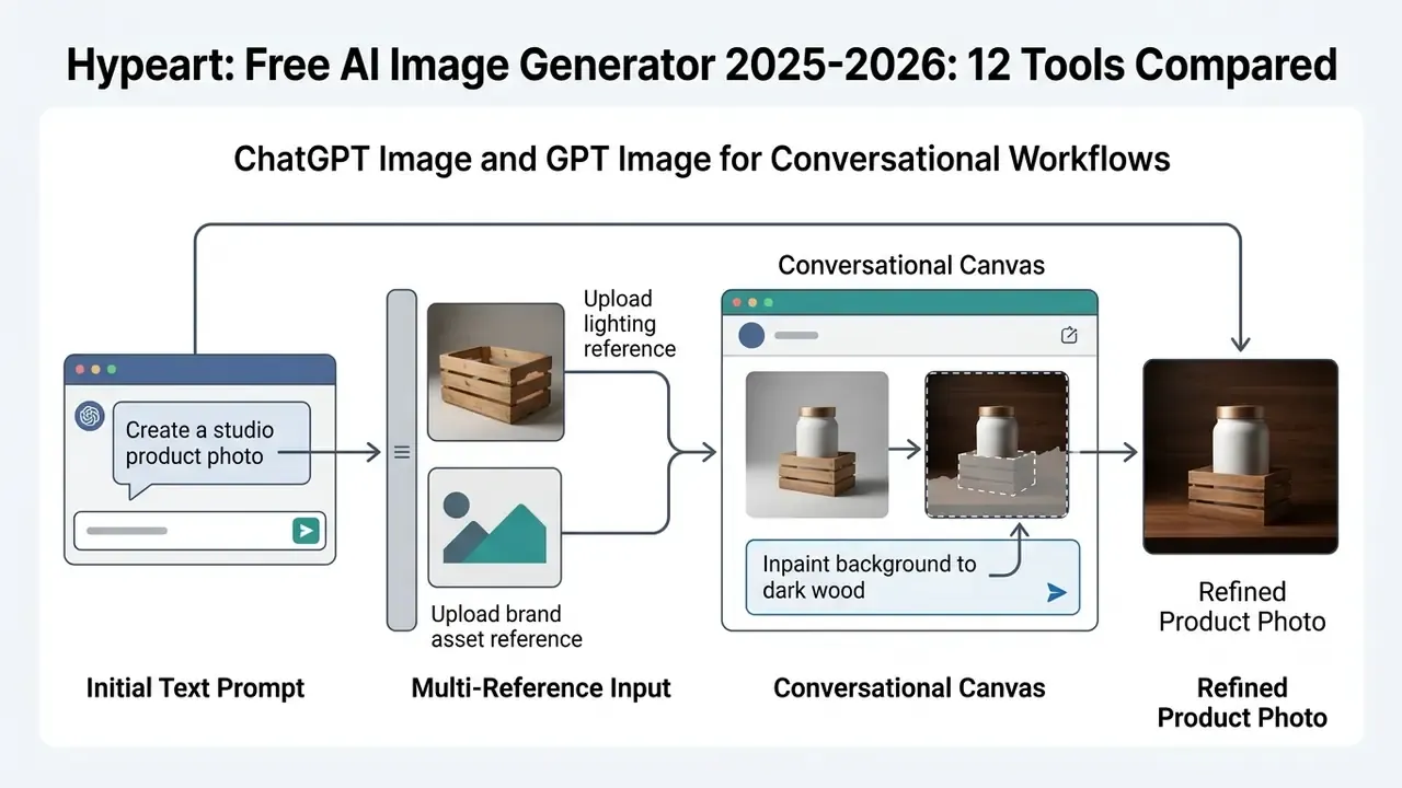 Diagram showing a multi-step workflow for a free AI image generator using text prompts and references