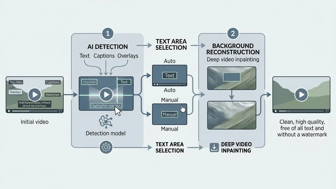Two-stage process diagram showing AI text detection followed by background reconstruction for video editing