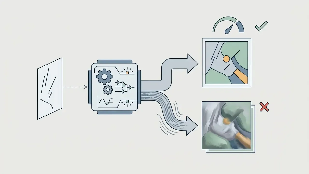 Processing unit outputting a clean cel-shaded image versus a distorted painterly result