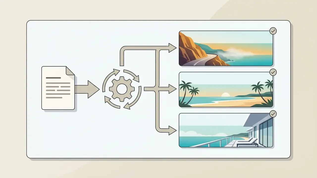 Text document feeding into a central gear that branches out to three distinct travel landscape images