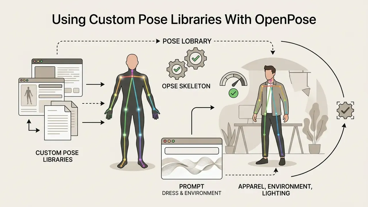 System workflow showing skeletal pose data combined with text prompts to generate a styled human figure