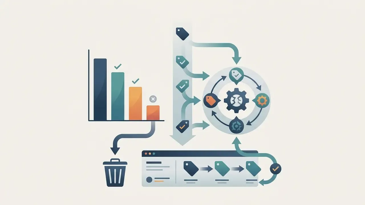 Bar chart data feeding into a trash bin and a circular gear system that cycles social media tags