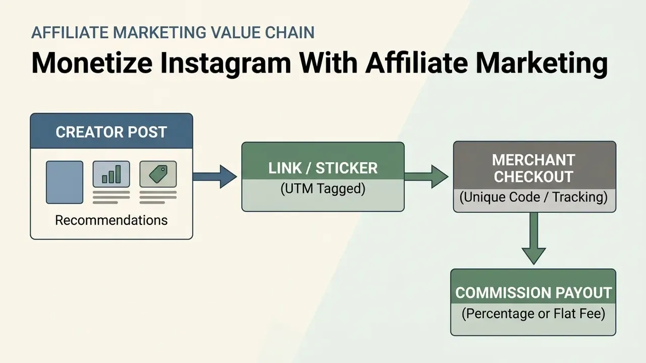 Diagram showing the affiliate marketing value chain from creator post to merchant checkout and commission payout