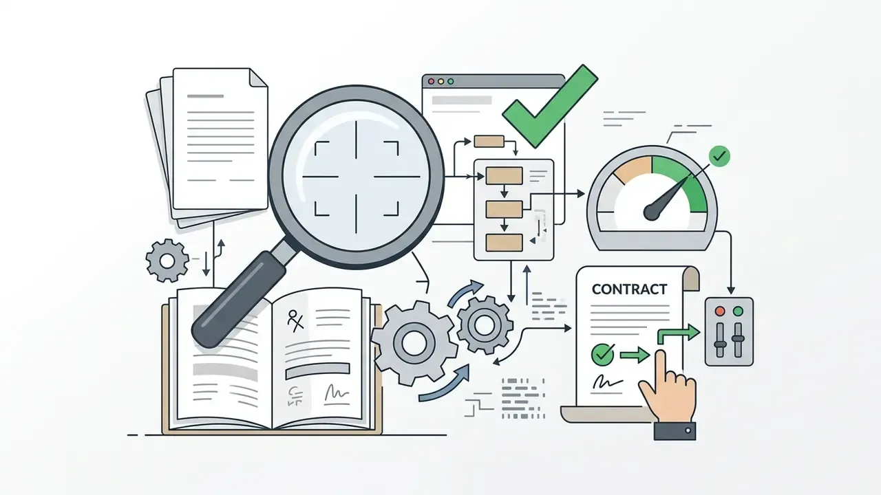 Lens focusing on a technical manual linked to a contract document being signed and verified