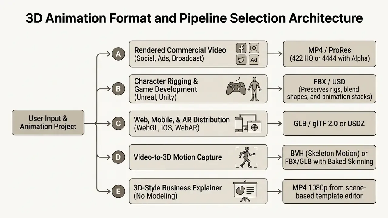 Decision tree flowchart mapping animation project goals to specific file formats and delivery pipelines