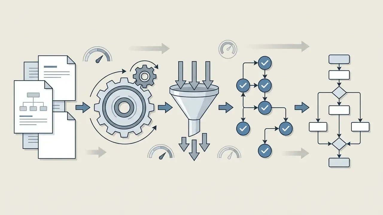 Documents moving through gears and a funnel to become a structured process diagram with checkmarks