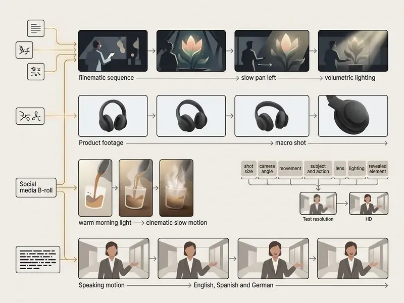Visual guide showing sequences for AI video generation including cinematic, product, and speaking motions