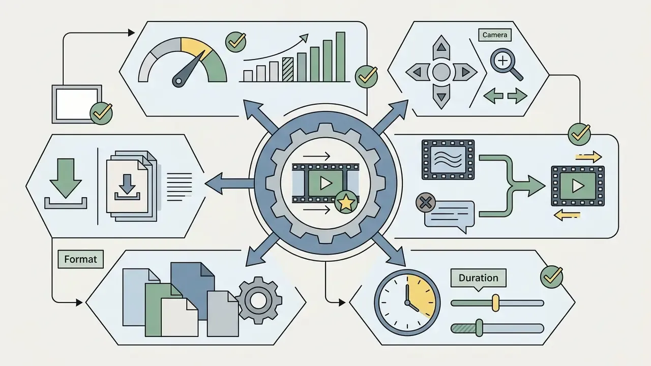 Central gear icon connecting modules for camera movement, video duration, file formats, and downloads