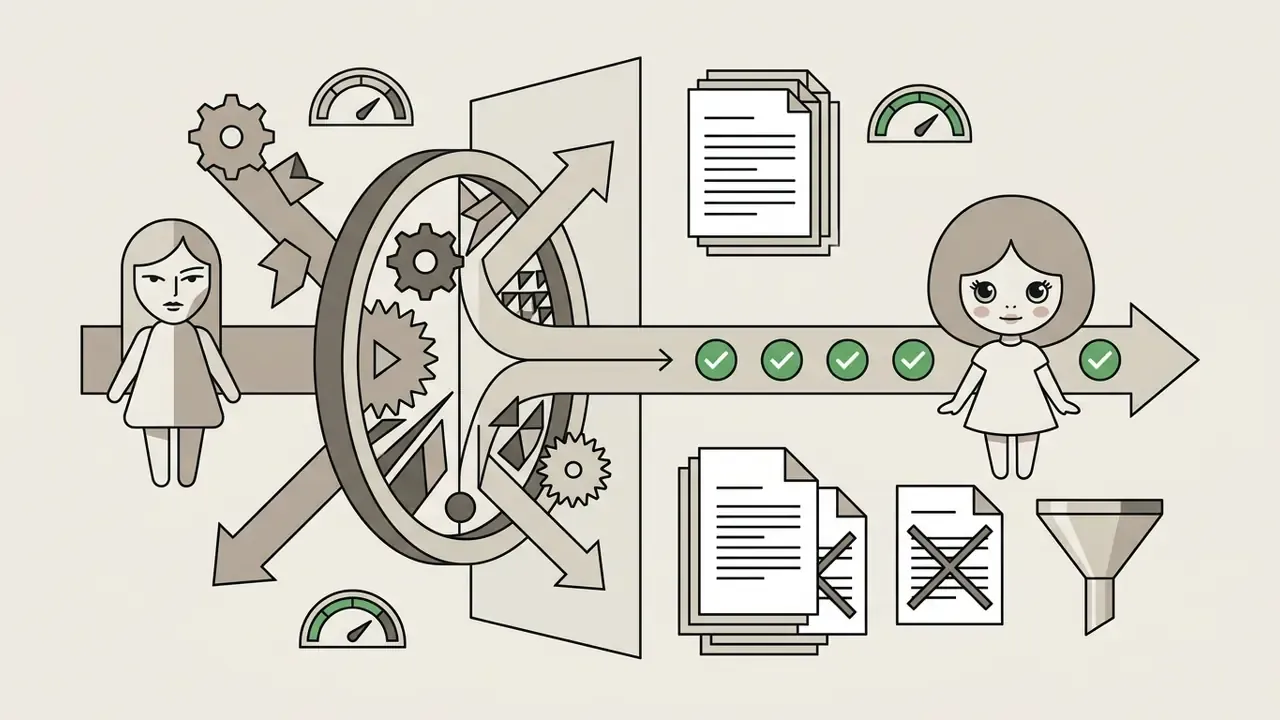 Human figure passing through a mechanical gear system to emerge as a stylized doll with checkmark icons