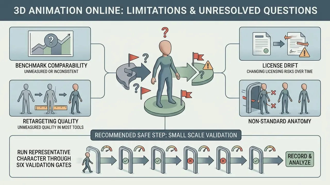 Diagram showing challenges like license drift and retargeting quality with a six-gate validation process