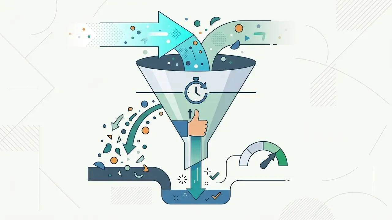 Funnel graphic showing data inputs being filtered and evaluated with a clock and thumbs up icon
