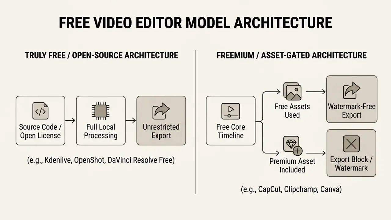 Flowchart comparing open-source video editor architecture with freemium asset-gated models