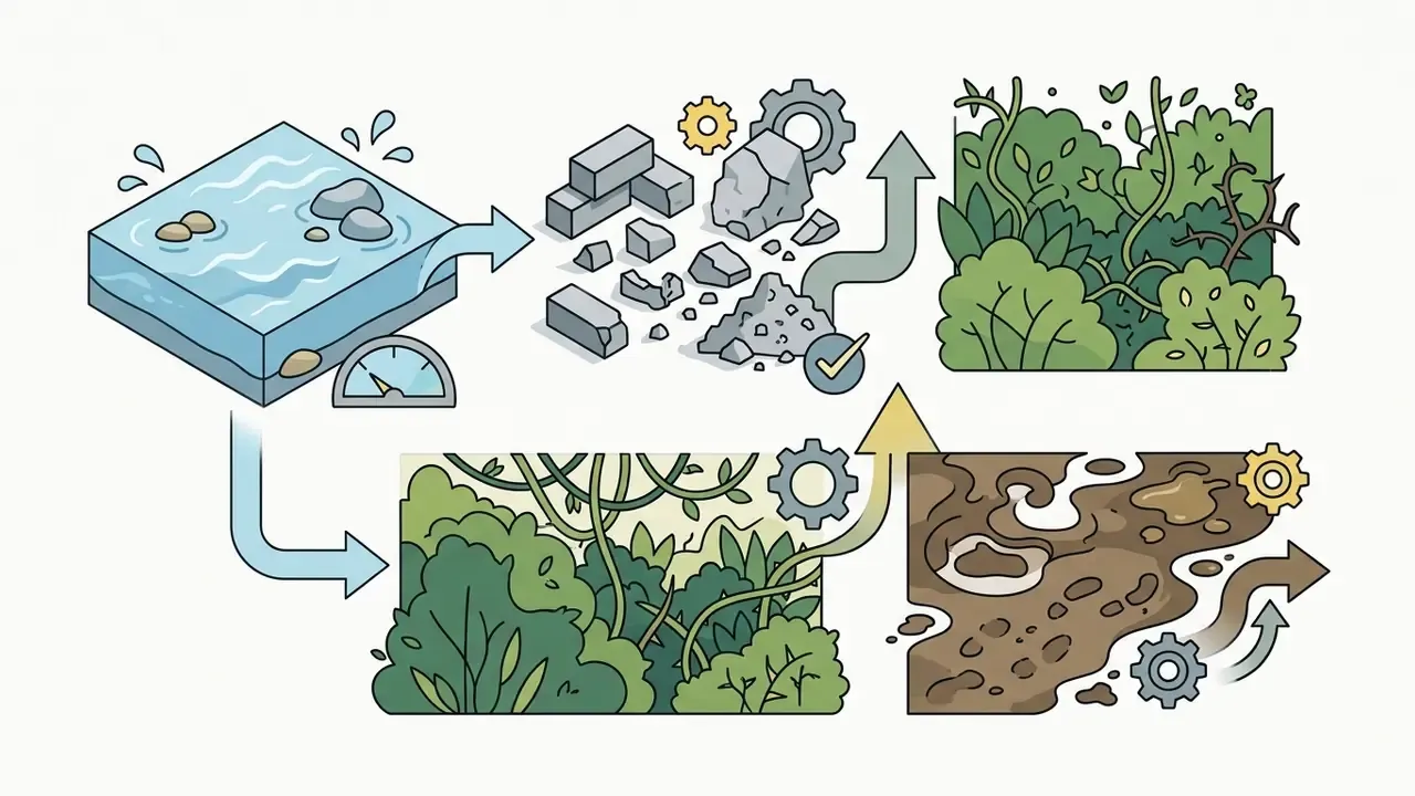 Flowchart showing the transformation of water and rubble into dense undergrowth and mud terrain features