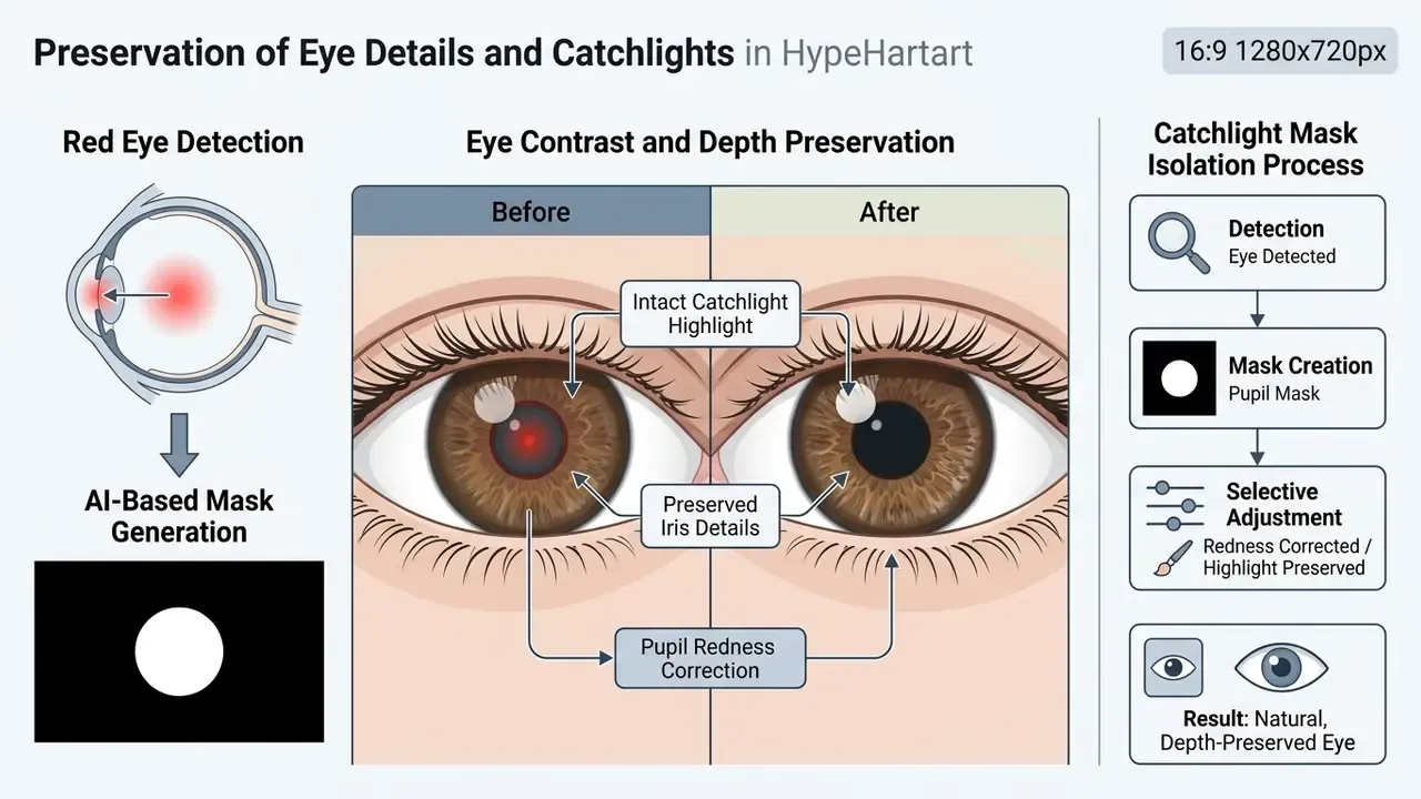 Visual breakdown of isolating catchlight masks to maintain eye depth during pupil color correction