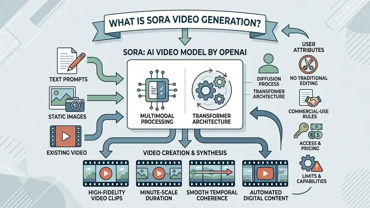 Infographic showing how text, images, and video inputs are processed by Sora to generate new video content