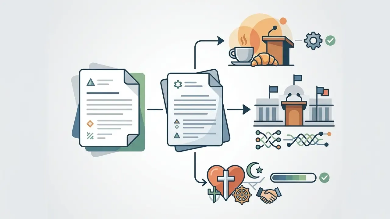 Documents branching into icons for breakfast meetings, civic podiums, and diverse religious symbols