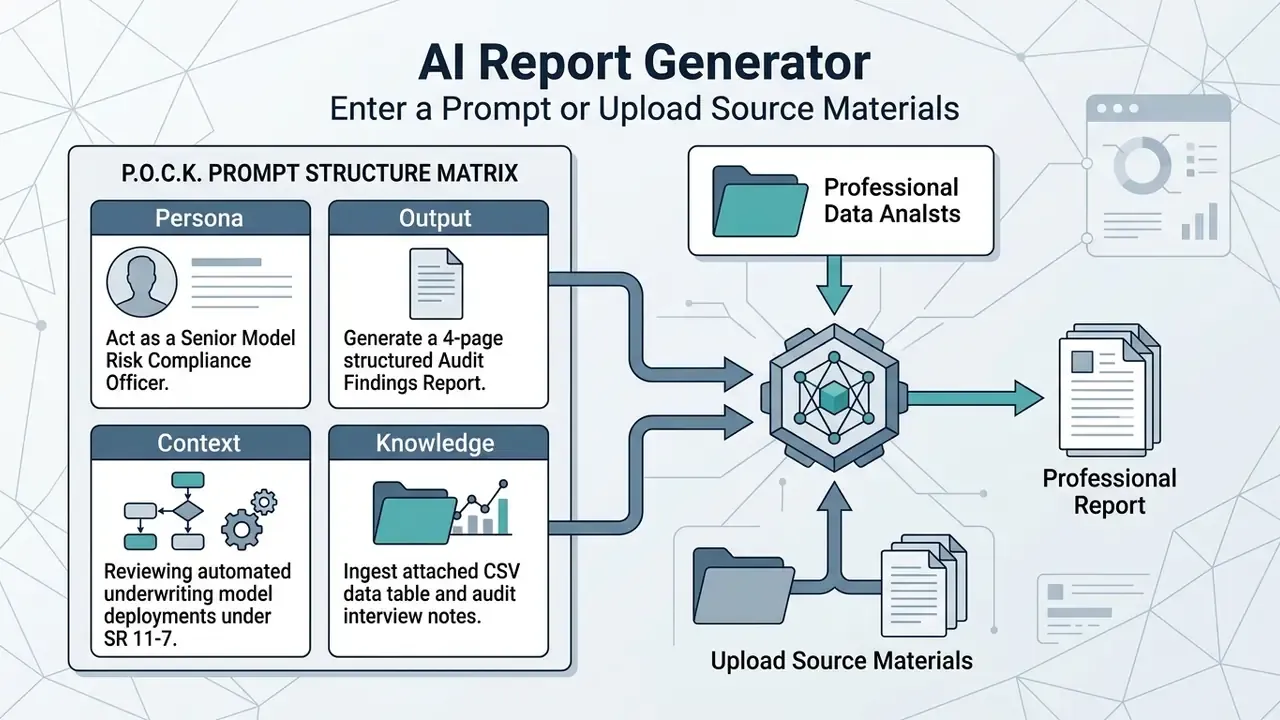 Matrix of prompt elements feeding into an AI engine to produce a professional report