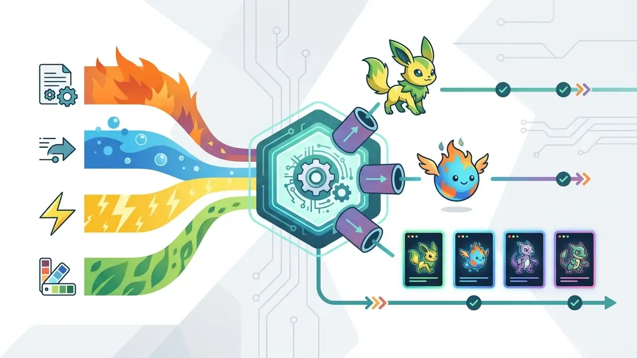 Colorful elemental streams flowing into a central processing hub to create stylized creature designs